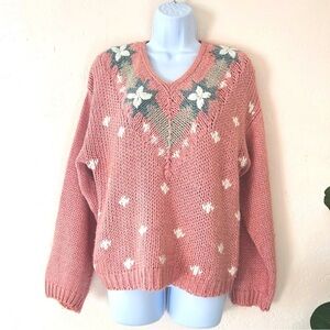 HUNTERS RUN Vintage Handknit Floral Large Loose Knit Pullover Sweater Size L